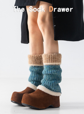 韩系拼色绿色羊毛堆堆袜腿套女秋冬季外穿ins潮加厚保暖针织袜套