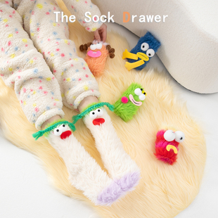 袜子女秋冬加厚保暖丑萌搞怪表情白色中筒袜居家睡眠地板堆堆袜