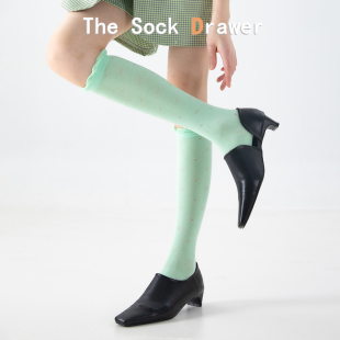 绿色小腿袜女春夏薄款 桃心长筒袜子夏透气长袜 日系镂空甜美走秀款