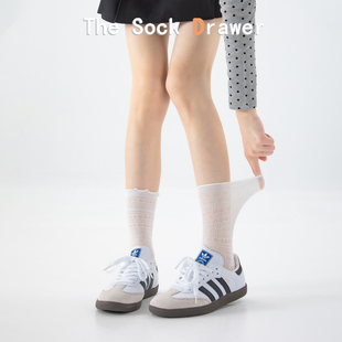 夏季 松口花边网眼透气镂空中筒袜白色堆堆袜子配短裙 袜子女薄款