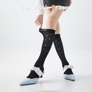 松口袜子女长筒夏季 ins潮袜黑色小碎花堆堆袜气质显瘦小腿袜 薄款