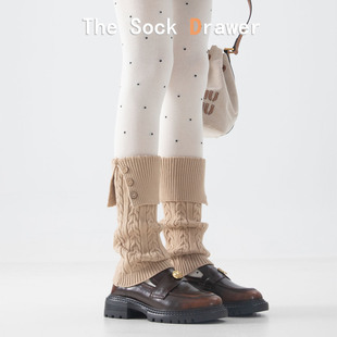 羊毛袜套女秋冬保暖加绒加厚浮雕麻花28cm翻边开口纽扣饰品小腿袜