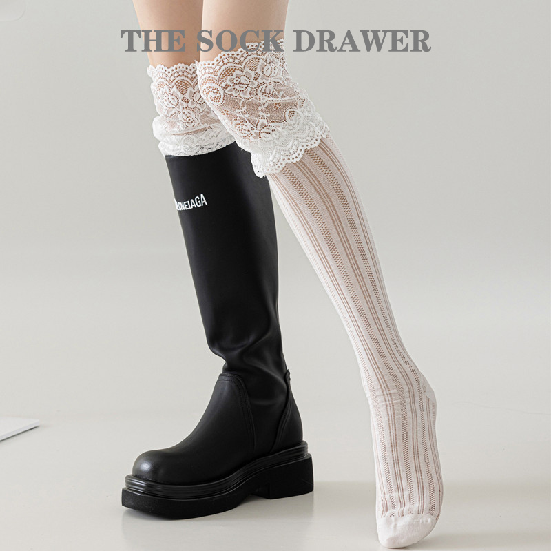 春夏季蕾丝花边网眼长筒靴袜jk白色及膝袜子长筒袜配靴子穿的袜子
