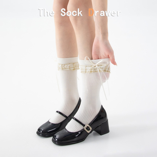 日系JK洛丽塔格子花边拼接中筒袜女夏季 飘带蝴蝶结白色堆堆袜 薄款