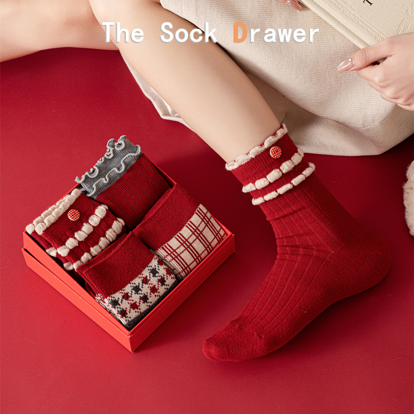 新年本命年红袜子女士礼盒装双针格子中筒袜花边泡泡口羊毛袜子,女士内衣/男士内衣/家居服,中筒袜,淘宝优惠券,粉丝福利购,淘宝优惠卷