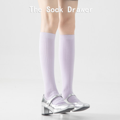 竖纹小腿袜女秋冬季微压显瘦长筒袜子miu系芭蕾风紫色高筒堆堆袜