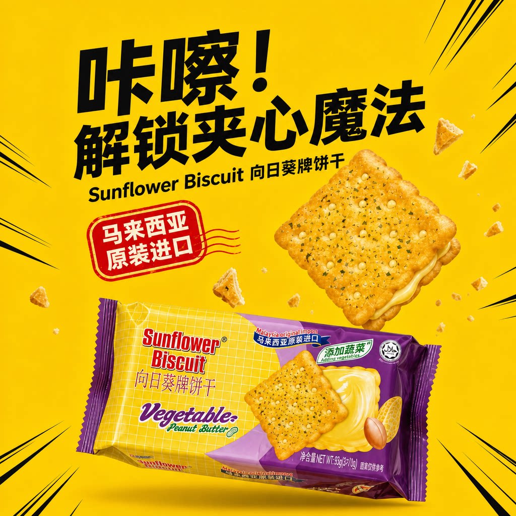 【尾货清仓】马来西亚进口向日葵牌夹心饼干柠檬味花生酱独立包装