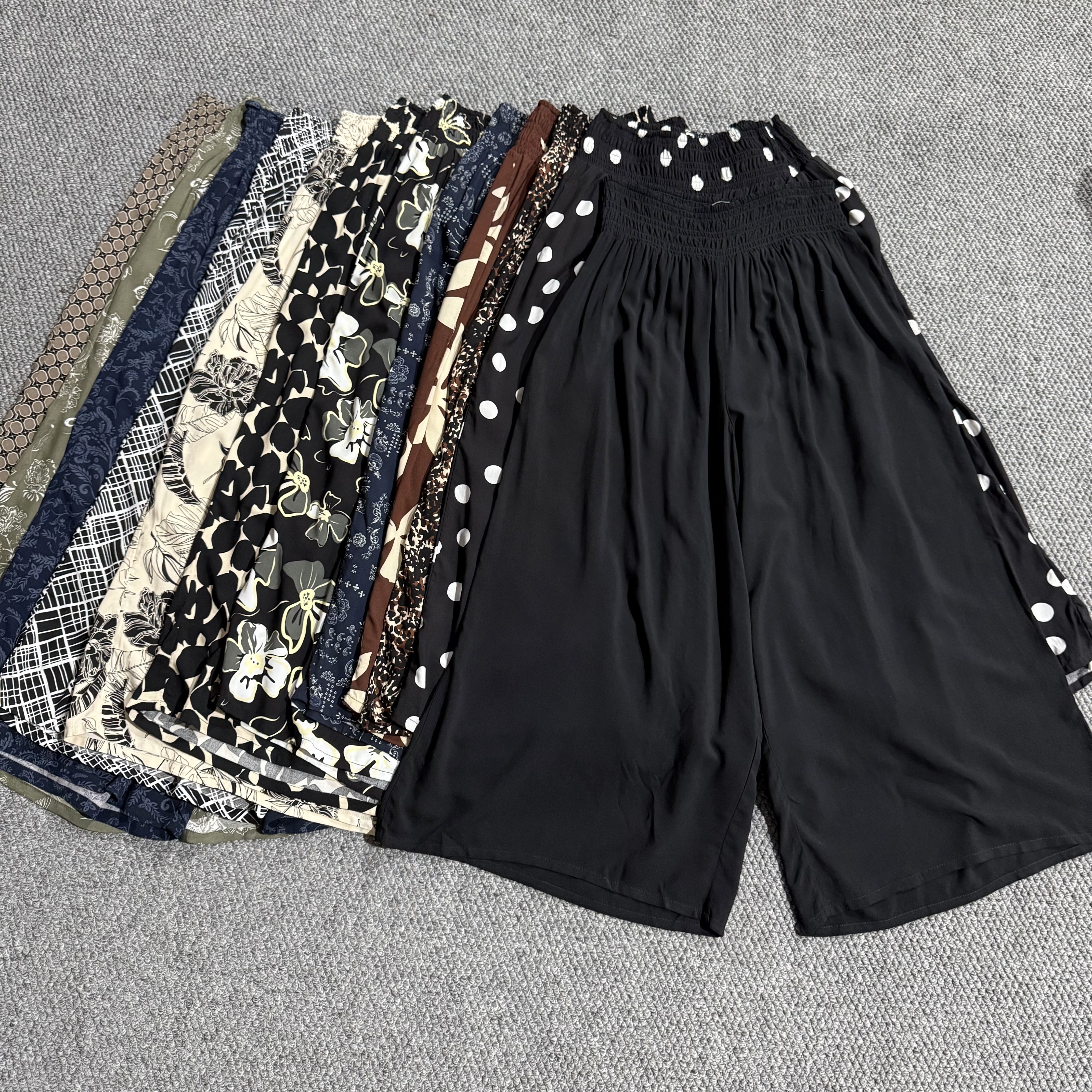 外贸女夏季柔软舒适松紧腰阔腿宽松休闲遮肉显瘦通勤八分奶奶裙裤