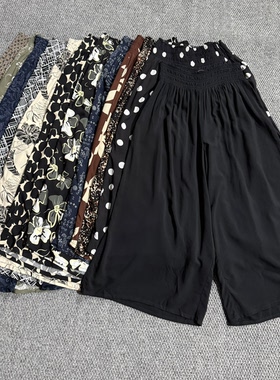 外贸女夏季柔软舒适松紧腰阔腿宽松休闲遮肉显瘦通勤八分奶奶裙裤
