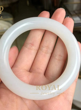 ROYAL珠宝新疆和田玉籽料手镯羊脂白玉精品正圆条带皮送长辈礼物