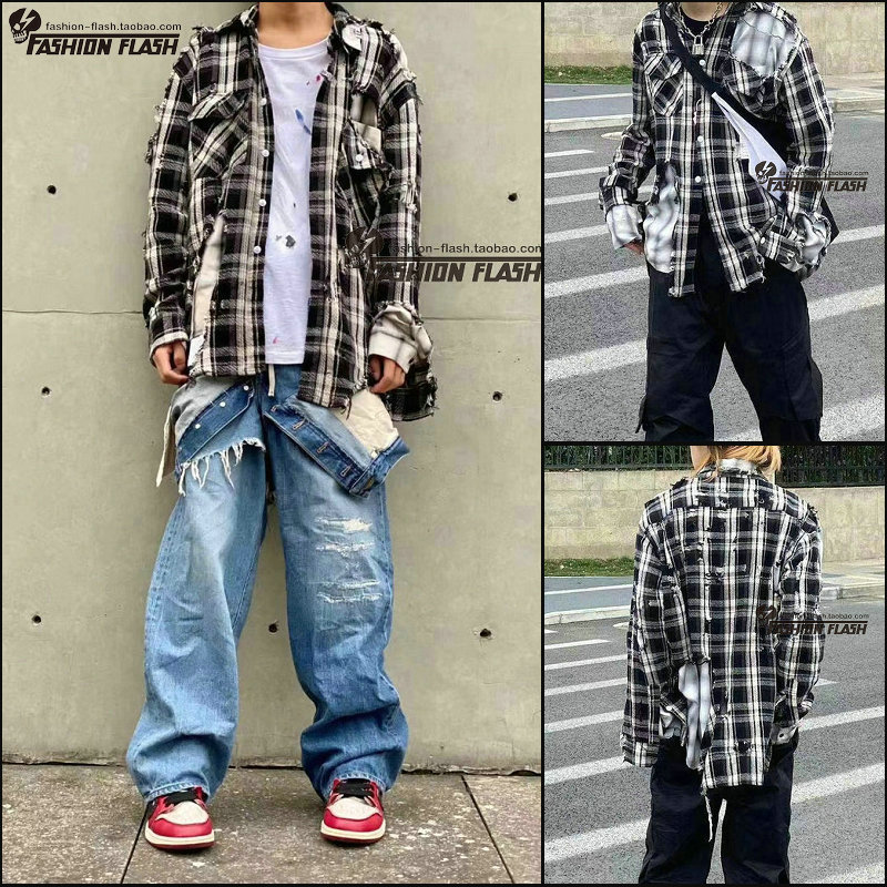21SS Kapital Vintage 日系黑白格男女宽松破坏做旧双层衬衫外套