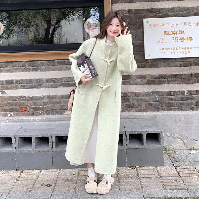 法式温柔风浅绿色高级双面羊毛牛角扣中长款毛呢大衣女冬显瘦外套