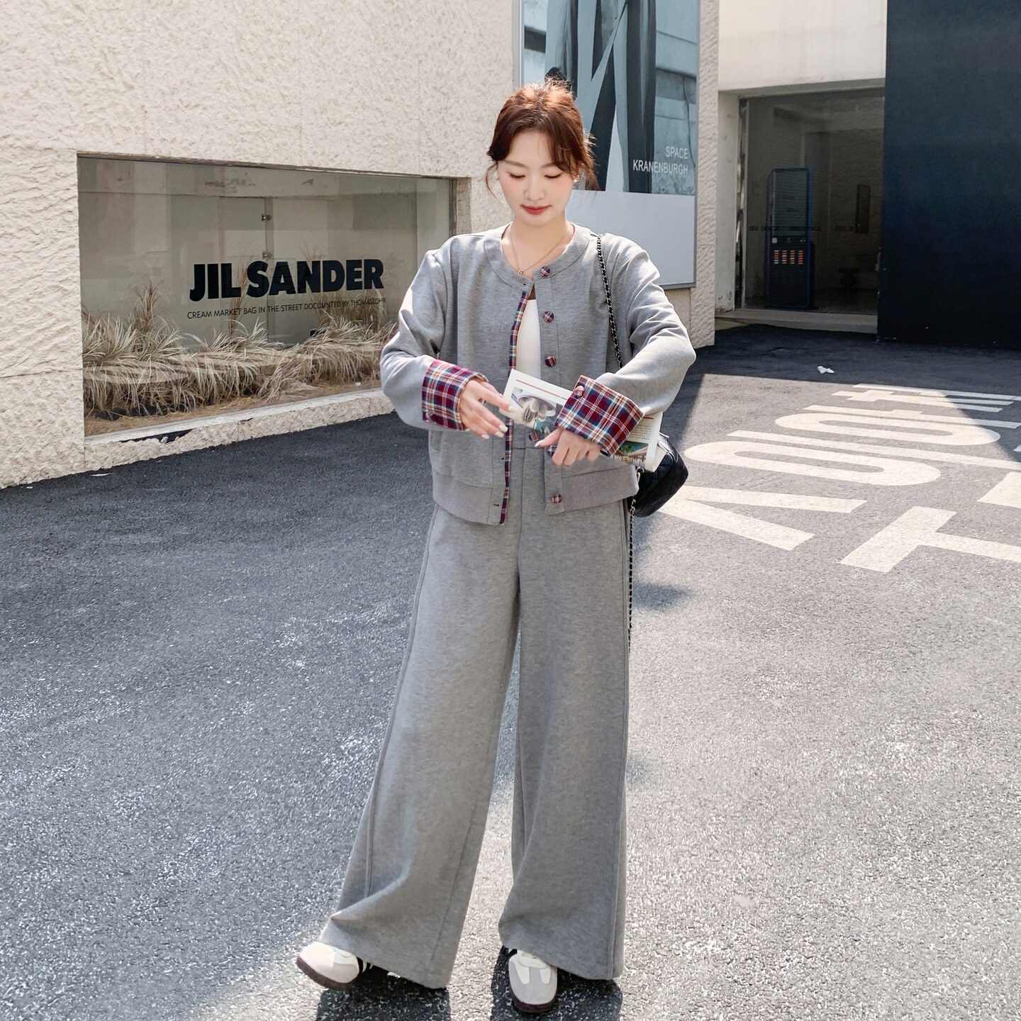 韩系chic休闲格子拼接运动套装女春秋季开衫长裤阔腿裤两件套超火