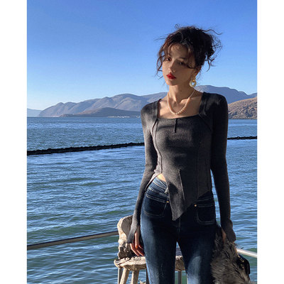 长袖方领不规则别致针织衫上衣女