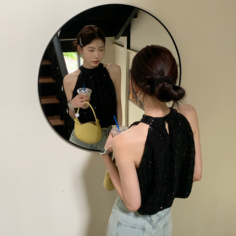 辣妹无袖挂脖短款亮片背心上衣女