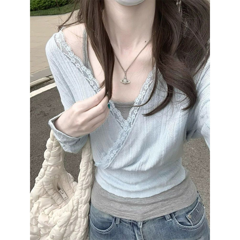 假两件蓝色蕾丝拼接长袖T恤女韩版新款流行爆款罩衫上衣早秋穿搭