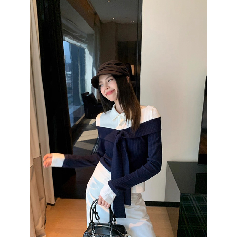 长袖polo领拼接假两件绑带T恤女