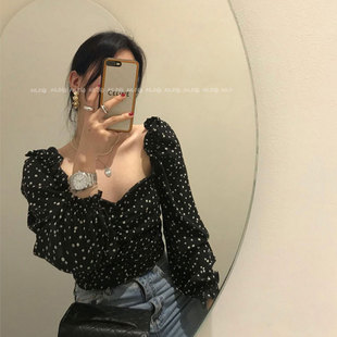 高级感复古洋气气质修身百搭长袖方领露锁骨波点褶皱衬衫上衣女潮