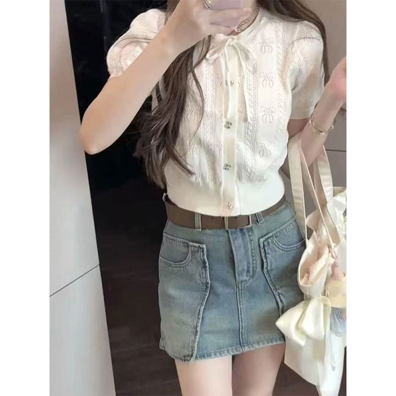 短袖圆领泡泡袖短款绑带针织衫女