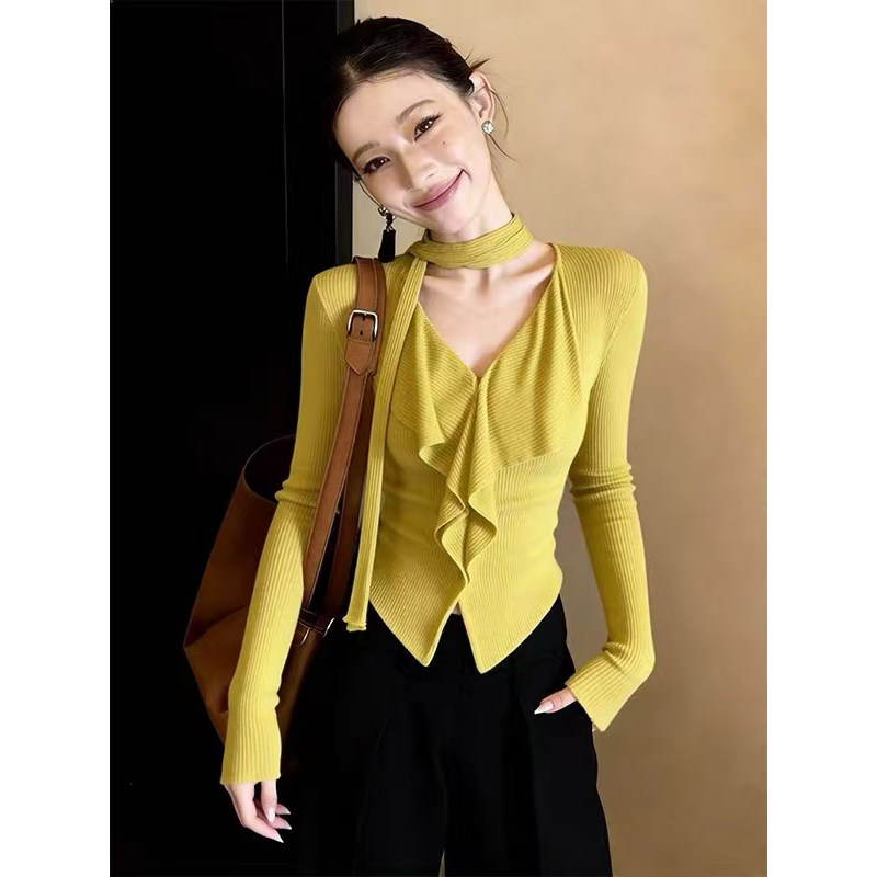 韩版松弛感洋气修身显瘦百搭长袖V领挂脖绑带荷叶边黄色T恤上衣女