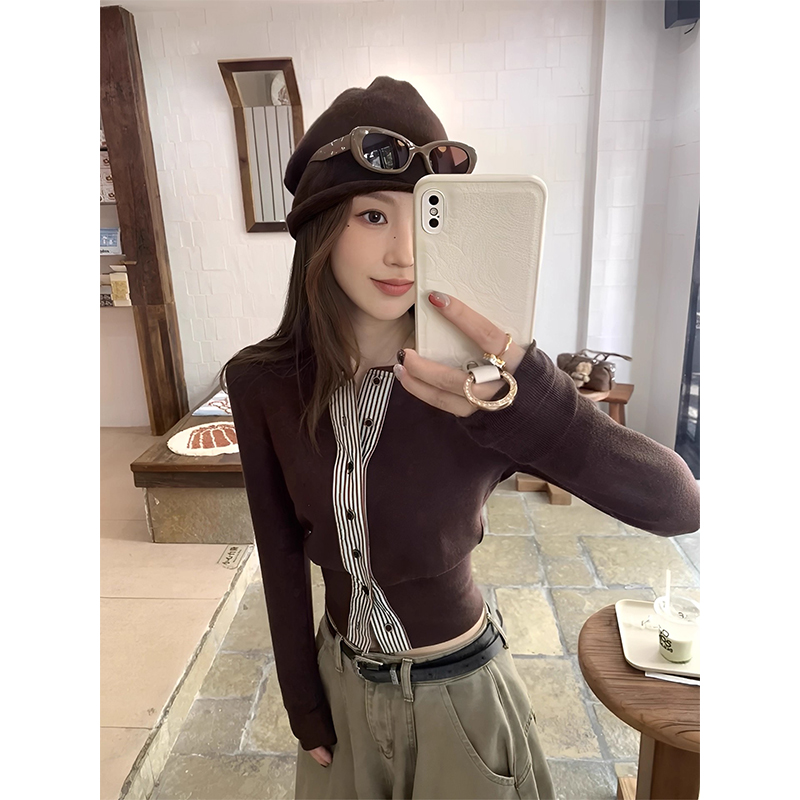 长袖V领撞色拼接开衫T恤上衣女潮