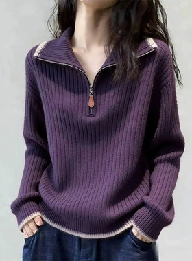 复古学院风翻领条纹针织衫毛衣女