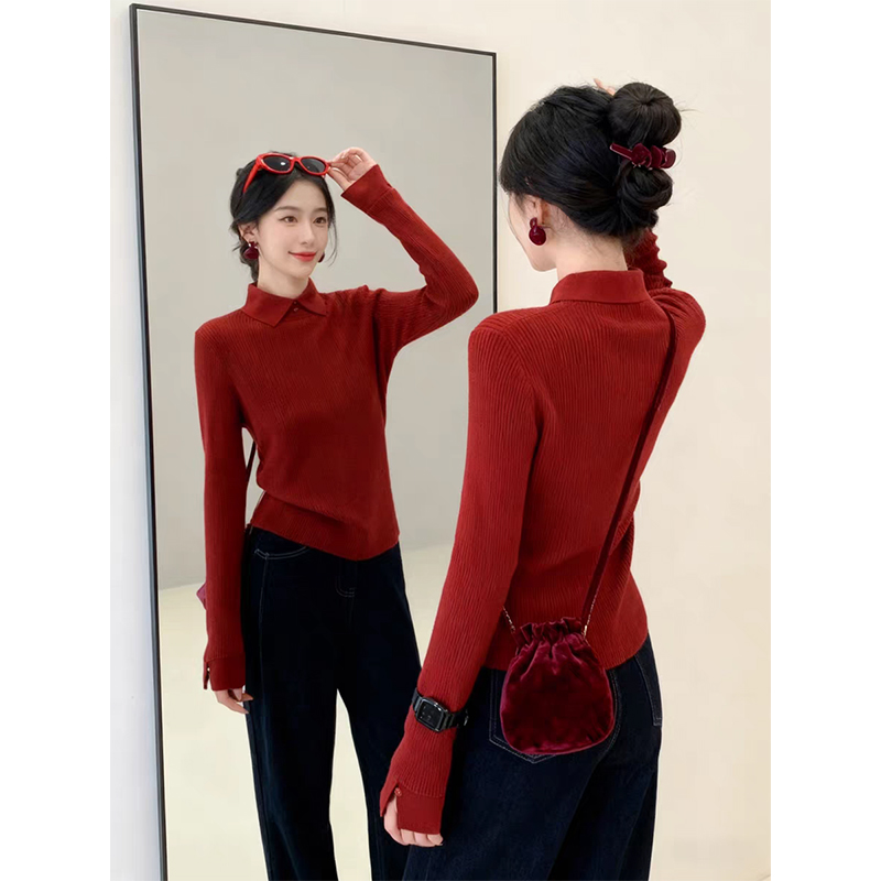 翻领软糯圣诞新年红色内搭针织衫