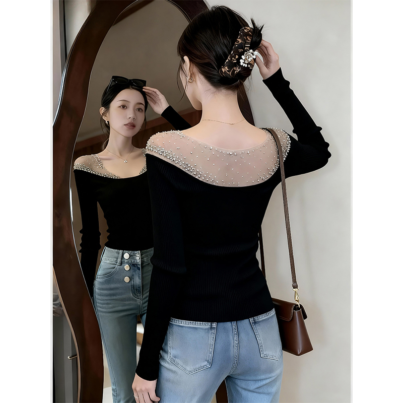 长袖重工烫钻修身显瘦T恤上衣女