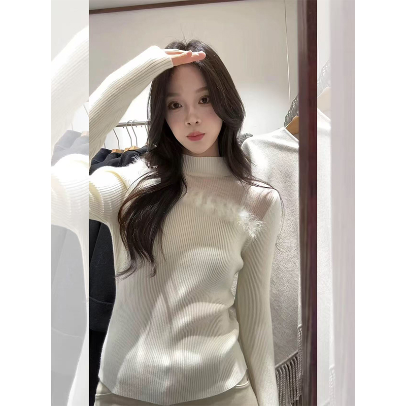 长袖半高领毛毛边内搭针织衫上衣