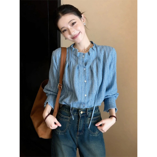 上衣女潮 别致绑带蓝条纹叠穿衬衫 法式 高级感复古洋气显瘦百搭长袖