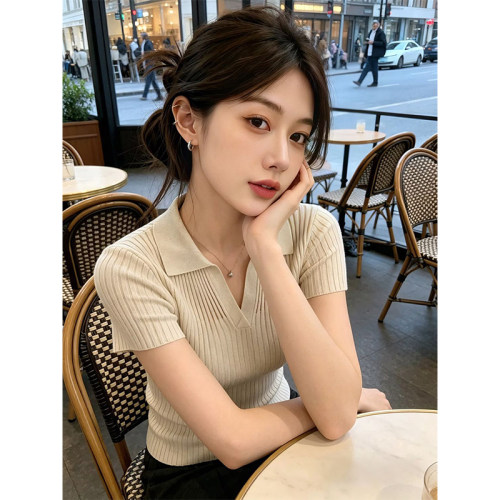 百搭短袖polo领冰丝针织衫T恤女