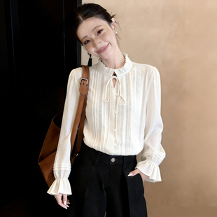 韩版高级感洋气气质显瘦长袖立领木耳边别致镂空绑带衬衫上衣女春