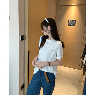 ins韩版 透气印花正肩T恤上衣女 洋气简约休闲宽松百搭短袖 圆领薄款