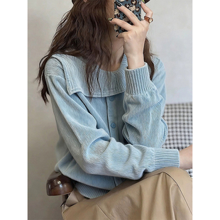 潮 上衣女高级感轻奢减龄洋气秋冬新款 独特超好看 蓝色灯芯绒衬衫