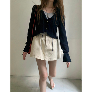 韩版松弛感洋气长袖V领短款木耳边喇叭袖绑带冰丝针织开衫上衣女