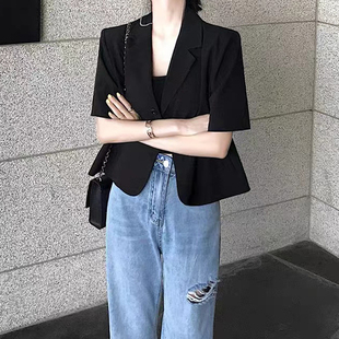 复古高级感洋气气质百搭短袖 衬衫 V领短款 西装 上衣女 别致薄款 韩版