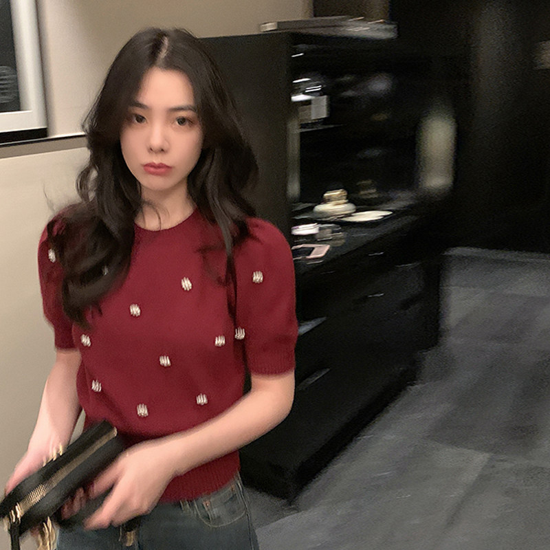 小香风设计感复古洋气百搭短袖圆领短款冰丝针织衫别致T恤上衣女,女装/女士精品,T恤,淘宝优惠券,粉丝福利购,淘宝优惠卷