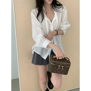 韩版高级感洋气气质宽松慵懒风百搭长袖V领别致飘带衬衫上衣女潮