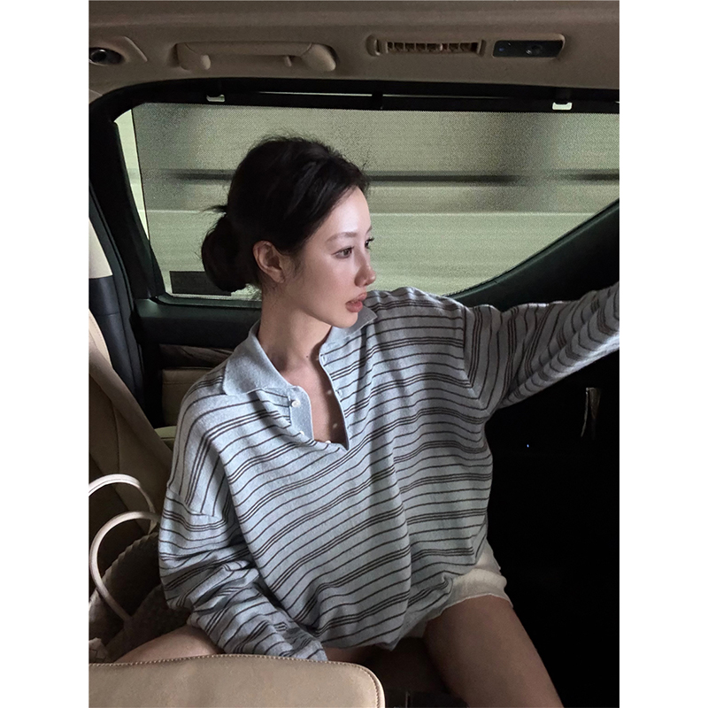 长袖polo领撞色条纹针织衫上衣女