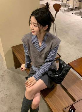 毛衣马甲衬衫短裙子两件套装女