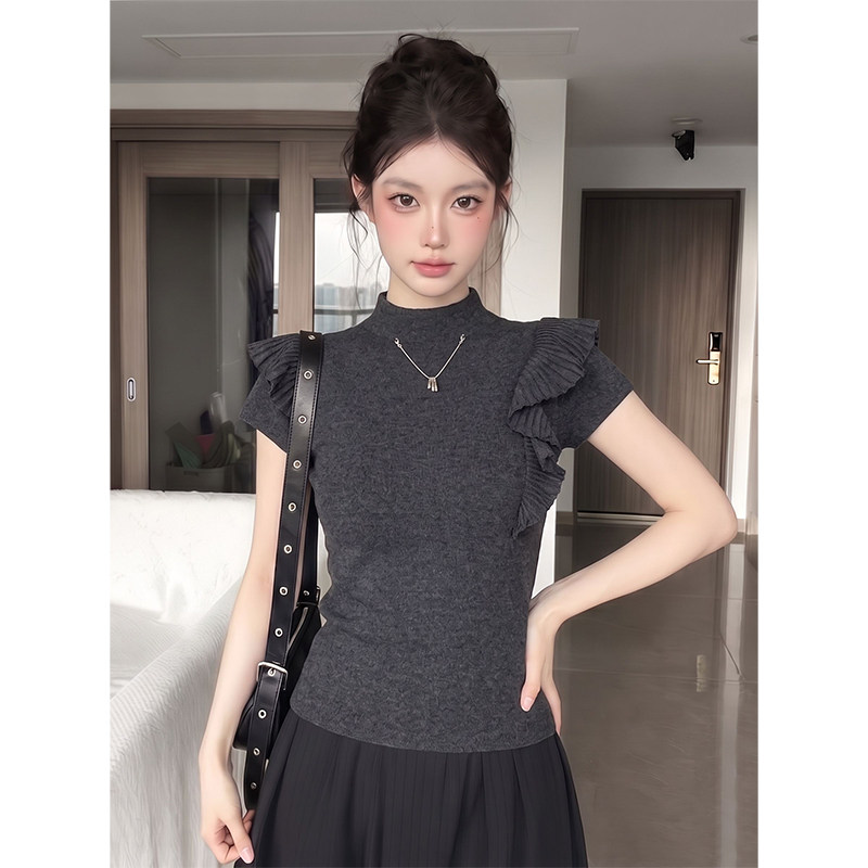 韩版夏季小众设计感荷叶边针织短袖T恤上衣女灰色通勤风高级显瘦