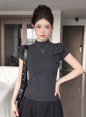 设计感荷叶边针织短袖T恤上衣女
