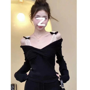 显瘦长袖 纯欲风洋气辣妹修身 V领露肩蕾丝拼接撞色别致T恤上衣女潮
