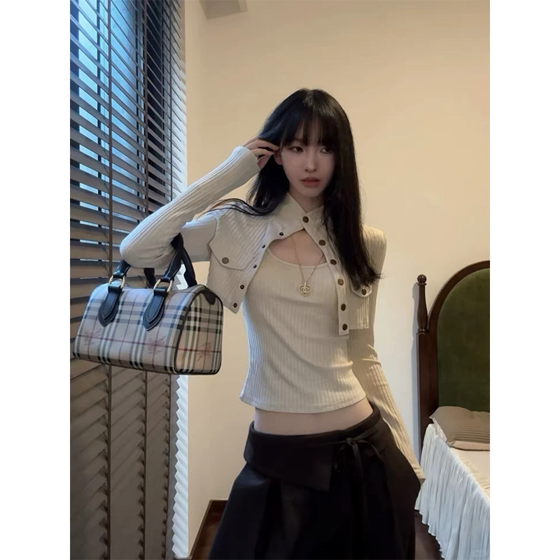 纯欲风长袖杏色针织开衫背心上衣图片