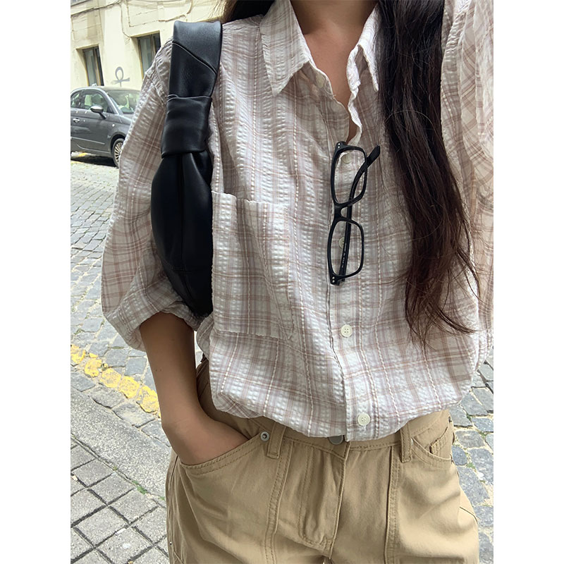 长袖翻领撞色格子防晒衬衫上衣女
