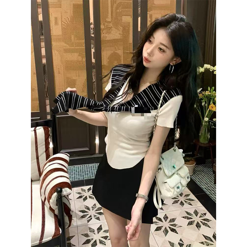 短袖条纹披肩针织衫超好看T恤女
