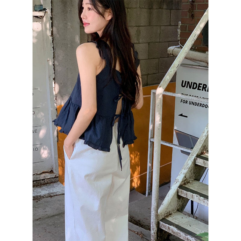 韩版洋气甜美设计感小众无袖方领露背别致绑带格子背心衬衫上衣女