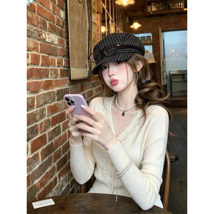 温柔甜美风系带长袖针织衫女韩版洋气V领蕾丝边软糯修身显瘦上衣