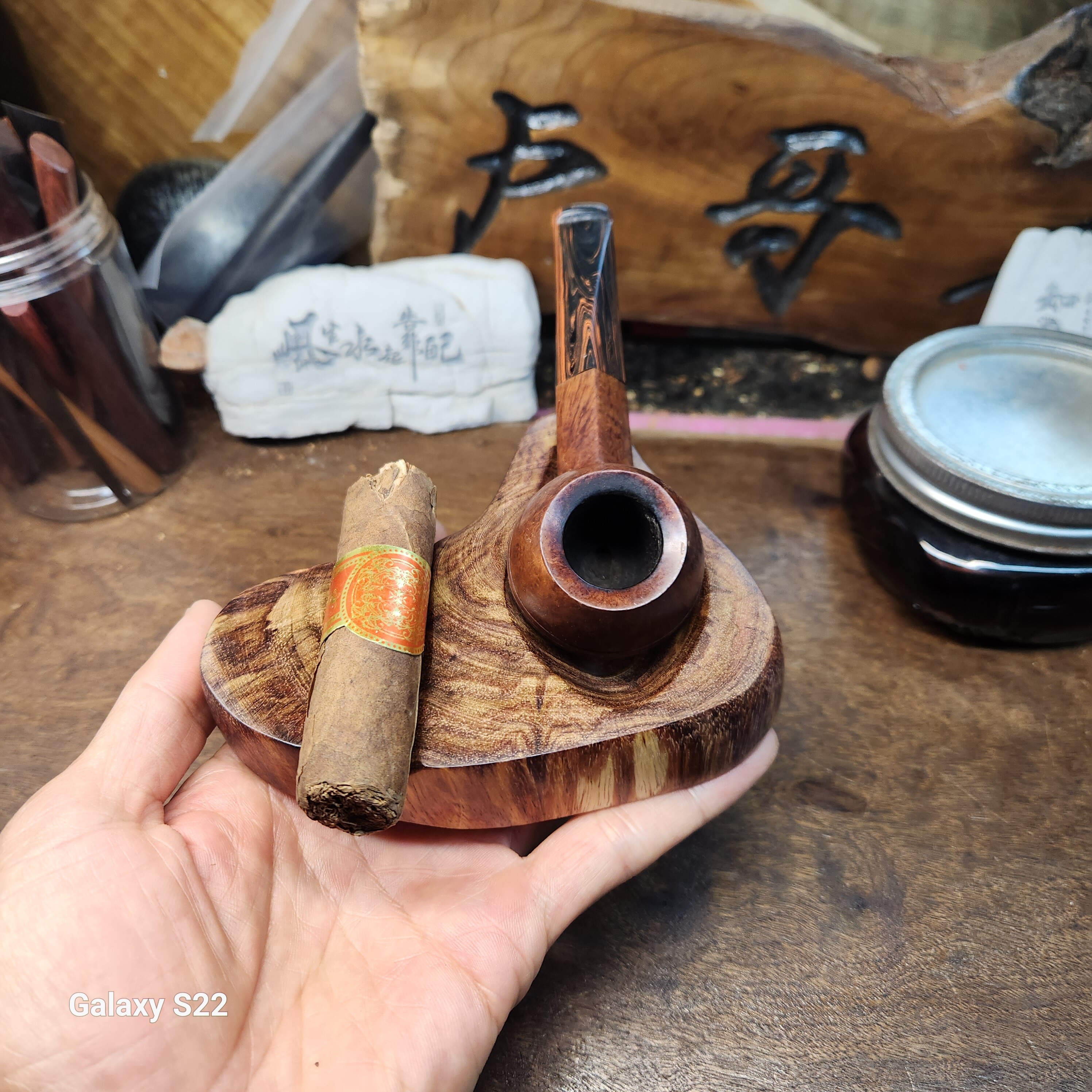 手工便携海南黄花梨单位烟斗架雪茄托两用紫油梨直弯斗烟斗座托架