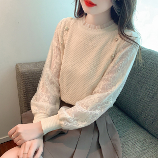 洋气小香风针织衫长袖冰丝上衣女秋季新款蕾丝拼接宽松时尚打底衫